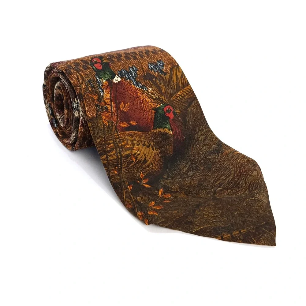 Vintage 90s Polo Ralph Lauren  Pheasant Bird Silk Neck Tie Brown Hand Made USA
